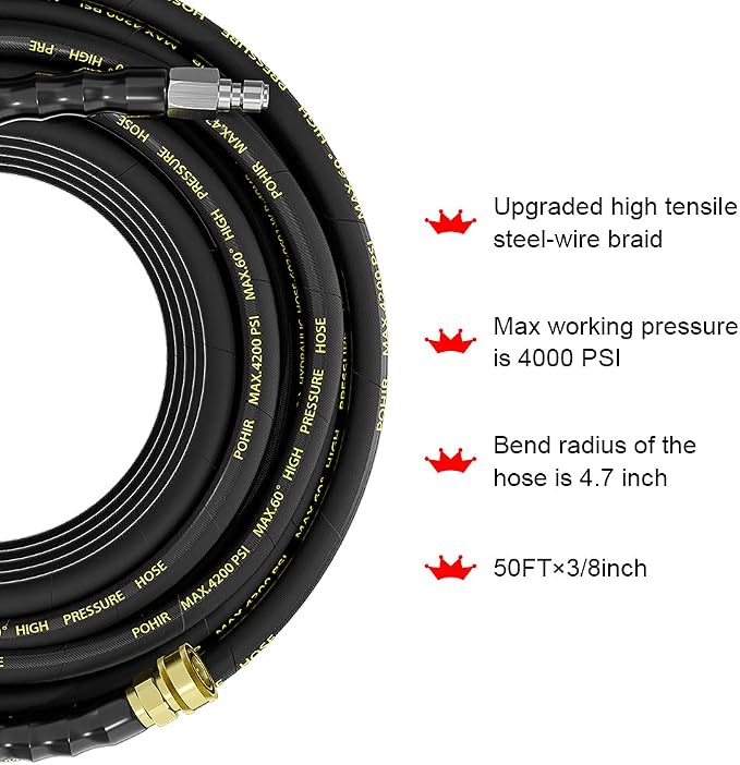 Pressure Washer Hose 150 ft with 3/8'' Quick Connector, 4200PSI | POHIR 2pcs 3/8'' QC to M22 14mm Adapters, Steel Wire Braided 1/4’’ ID Power Washing Hose, No-Kink AntiBurst Powerful Cleaning
