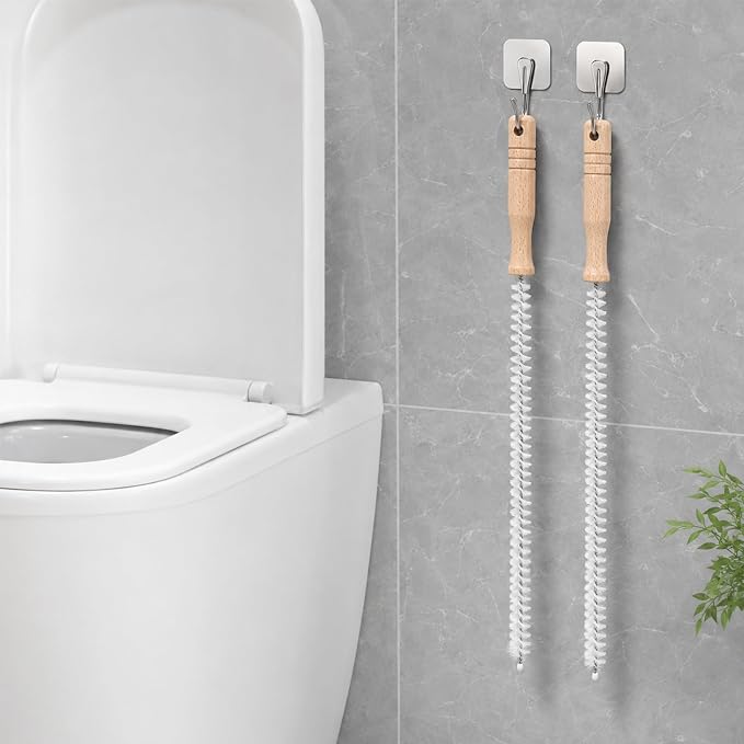 2 Pack Drain Cleaning Brush, 17 Inch Flexible Drain Cleaner Tool with Wooden Handle, Sink Brush with Nylon Bristles for Hair Clogs, Shower, Bathroom Tub, Kitchen Sink, Overflow Hole