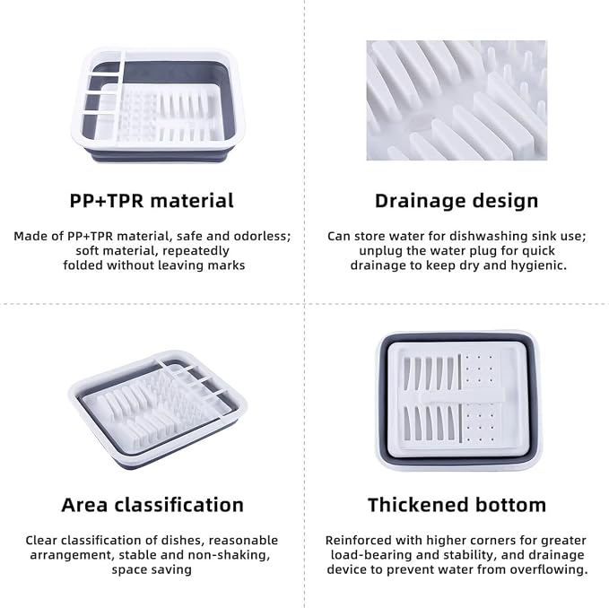 THANSTAR Collapsible Dish Drying Rack for RV Kitchen, Foldable Drainer Organizer for Kitchen Countertop, Space Saving Portable Dish Rack for Campers, Travel Trailer & Small Spaces, Easy Storage, Grey