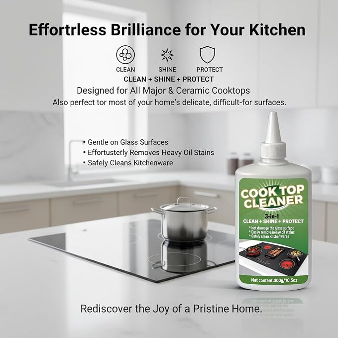 Glass Cooktop 3-in-1 Cleaner Kit, Removes Grease & Burnt-On Food, Safe for Gas, Induction, Electric Cooktops & Air Fryers, Stove Top Polish and Shine, Multi-purpose Cleanser (300g) (1)