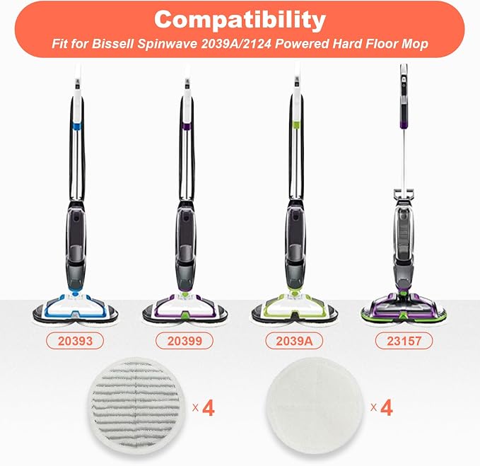Spinwave Mop Pads Fit for Bissell Spinwave 20399 23157 23159 2039A 2124A 20393 2039T 2039W 20391 20395 2307 2315A Soft Scrubby Pads for Hardwood Floor Cleaning Replacement Pads(8Pack)