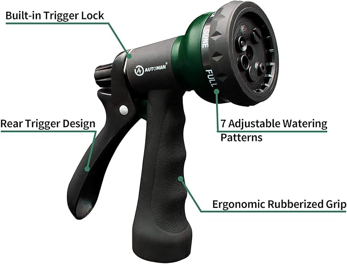 AUTOMAN Garden Hose Nozzle 2PK, ABS Water Spray Nozzle with 7 Adjustable Patterns, Slip Resistant for Watering Plants, Lawn, Garden, Washing Cars, Cleaning, Showering Pets & Outdoor Fun