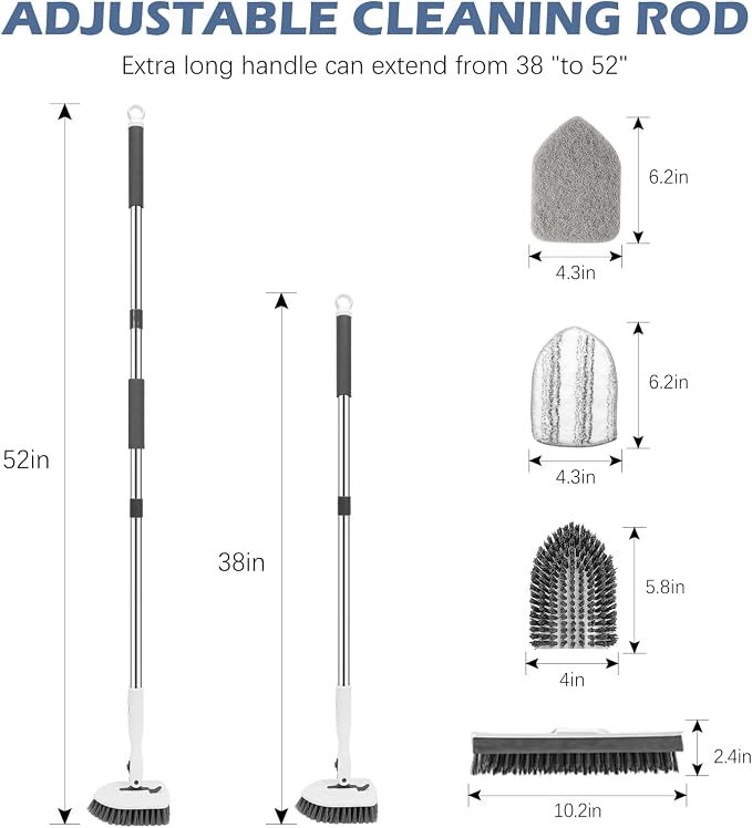SetSail Tile Tub Floor Scrubber with V-Shaped Grout Brush, White Grey | with 3 Detachable Replacement Brush Head, Multi-Angle Cleaning Locks at 45°, 90°, 180° for Bathroom Kitchen Walls Tub Tile