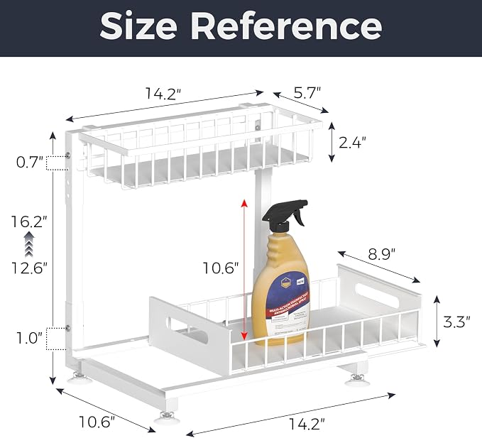 Saydear 2-Pack L-Shaped Under Sink Organizer, 2-Tier Pull-out Cabinet Rack | White Height-Adjustable Steel Rack, Sliding Grid Drawers with PP Liners, Holds 100 Lbs, Suction Base, Ideal Kitchen Storage