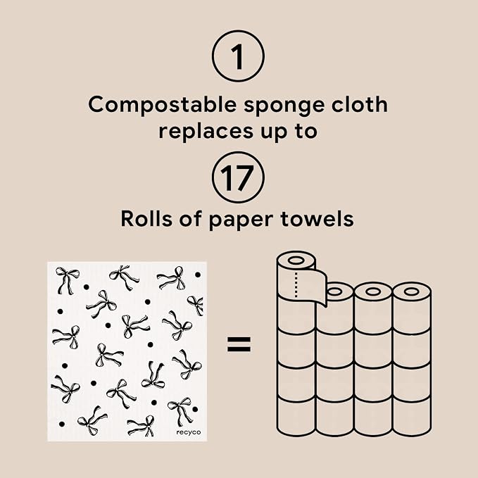 RECYCO Swedish Dishcloths for Kitchen | 6 Packs Modern Bows Washable Dish Rags | Cellulose Reusable Cleaning Paper Towels | Absorbent Counter Dish Cloth Sponge Kitchen Wipes, 8" L x 7" W
