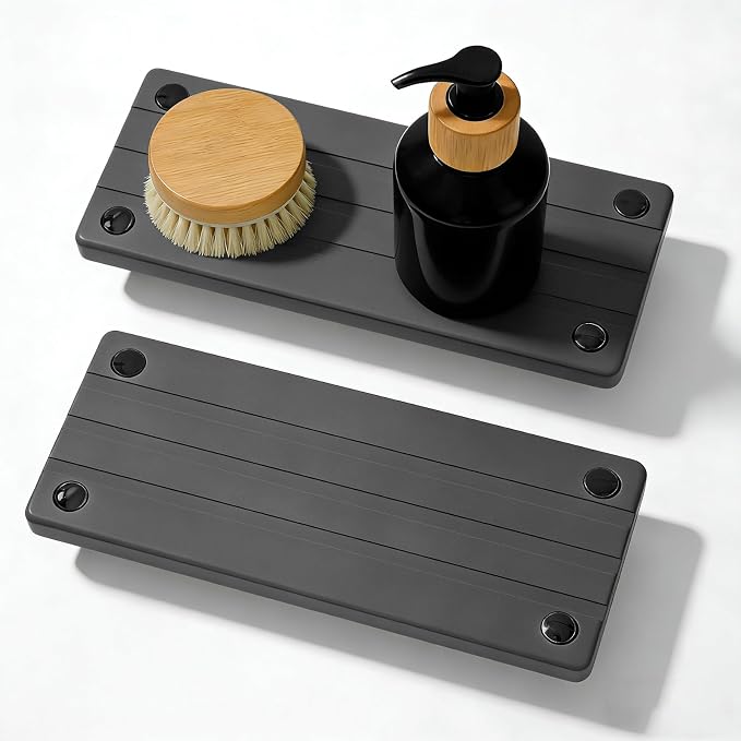 2PCS Instant Dry Sink Caddy for Bathroom Counter, Durable Kitchen Sink Organizer, Diatomite Stone Drying Tray, Upgrade Water Absorbing Stone Tray for Sink, Anti-Slip Stone Soap Tray -Dark Gray