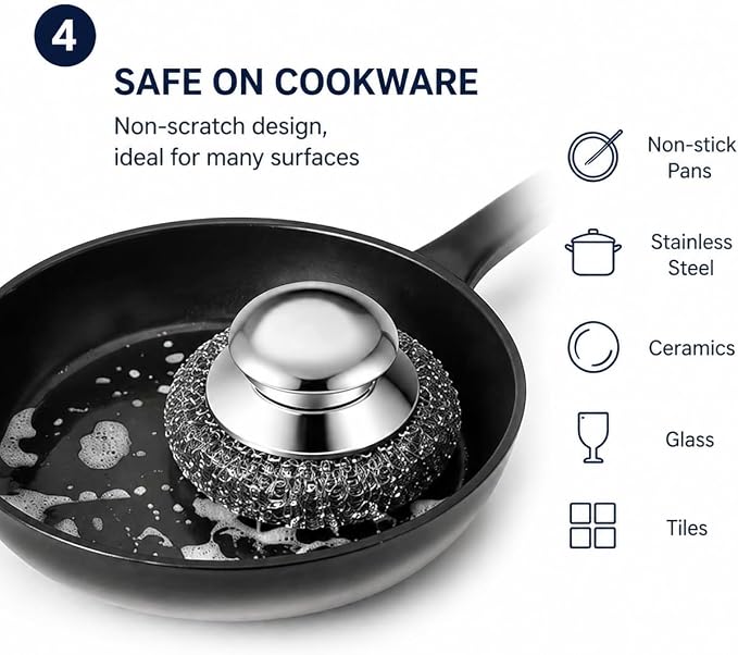 Steel Wool Scrubber, 6-Pack Stainless Steel Scrubber Pads with Handle - The Ultimate Scouring Solution for Rust, Stubborn Messes on Cookware, Grill, Oven & Kitchen Sinks