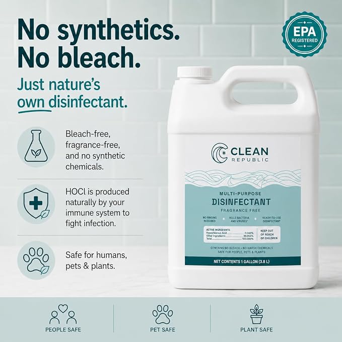 Multi-Purpose Disinfectant, Hypochlorous Acid Cleaner, 1 Gallon Bottle | EPA-Registered, Kills 99% of Bacteria, No Chemical Residue, Hypochlorous Acid, Non-Toxic, Fragrance Free, Family & Pet Safe