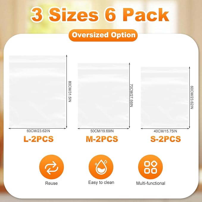 6 Pack Oven Rack Cleaning Bags, 3 Sizes Heavy Duty No Scrub Soaking Bags for Oven Racks, Grill Grates & BBQ Racks, Reusable Leak-Resistant PE Bags, No Cleaner Included