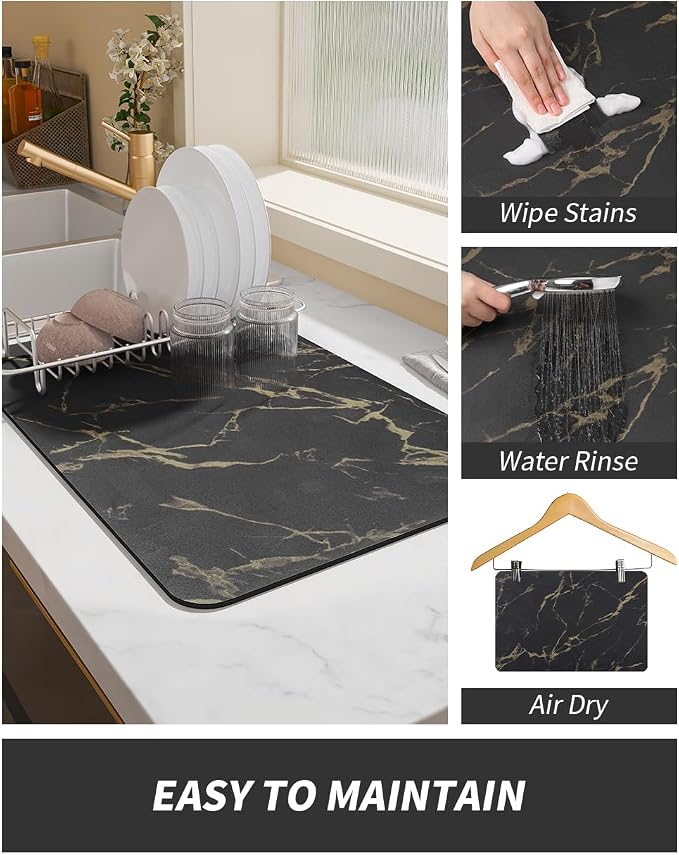 AMOAMI-Coffee Mat Hide Stain Rubber Backed Absorbent Dish Drying Mat for Kitchen Counter-Coffee Bar Accessories Fit Under Coffee Maker, Espresso Machine, Pot, Dish Rack Black&Gold