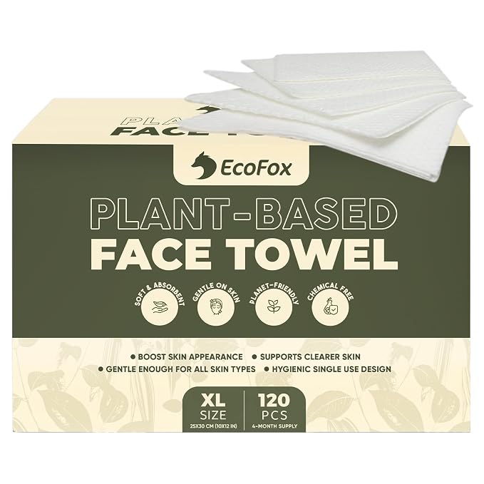 EcoFox Clean Face Towels XL | Disposable Facial Washcloths, Ultra-Absorbent, Hypoallergenic & Soft Towelettes | Dual-Textured, Lint-Free Makeup Remover Dry Wipes, 10x12 Inch | PETA-Approved (120 Pack)