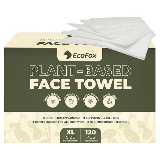 EcoFox Clean Face Towels XL | Disposable Facial Washcloths, Ultra-Absorbent, Hypoallergenic & Soft Towelettes | Dual-Textured, Lint-Free Makeup Remover Dry Wipes, 10x12 Inch | PETA-Approved (120 Pack)