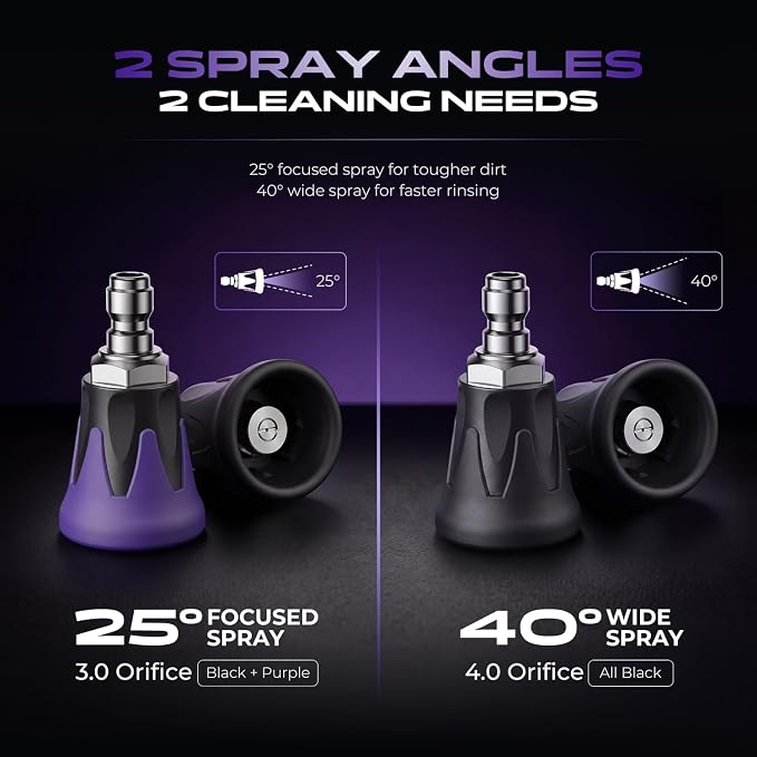2 Pcs Pressure Washer Nozzle, 25 Degree/40 Degree Stainless Steel Silicone | Power Washer Tips with 1/4" Male Quick Connect, High Efficiency Cleaning, Car Washing, Patio Cleaning