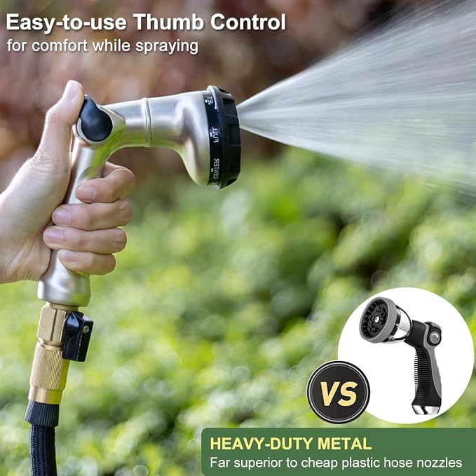 FANHAO Thumb Control Garden Hose Nozzle Heavy Duty Metal, 8 Spray Patterns | Rustproof Zinc Alloy Water Hose Sprayer, High Pressure, Non-Slip Ergonomic Grip for Lawn & Plant Watering, Car & Pet Washing