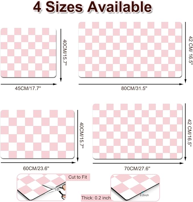 Dish Drying Mat for Kitchen, 16’’ X 18’’ Coffee Bar Mats for Countertop Fit Under Coffee Maker, Checkered Drying Mat, Hide Stain Rubber Backed Espresso Machine Absorbent Drying Pad, Pink & White