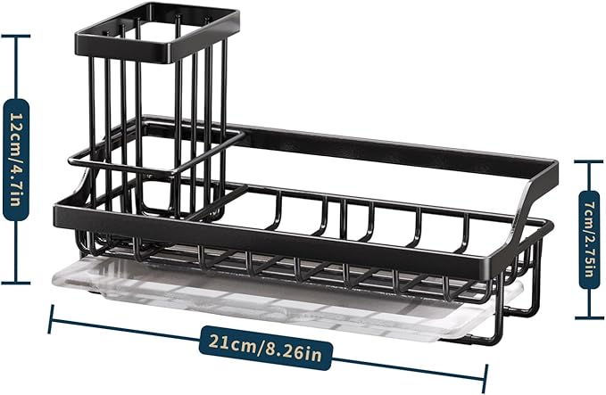 Consumest Sponge Holder for Kitchen Sink - Kitchen Sink Caddy Organizer with Removable Drip Tray for Countertop Dish Soap Dispenser Brush Storage Accessories 304 Stainless Steel - Black