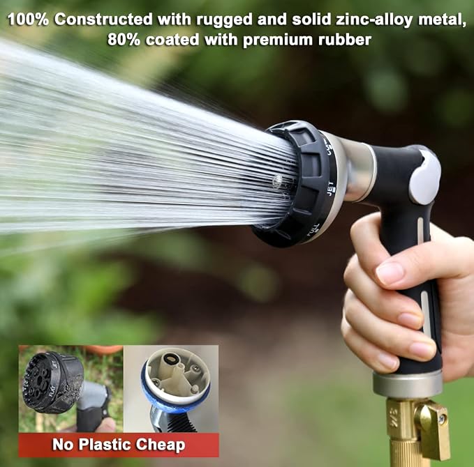 ESOW Garden Hose Nozzle Heavy Duty, 8 Patterns, Thumb On/Off Valve, Black | High pressure sprayer for watering plants, car wash, pet bath. Leak-proof, rustproof. Ergonomic comfort grip