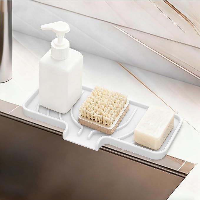 GUUKIN Sponge Holder for Kitchen Sink, 10x4 inch Silicone Dish Drying Mat, Compatible with Scrub Daddy, Kitchen Sink Accessories, Suitable for Kitchens & Bathrooms (White)