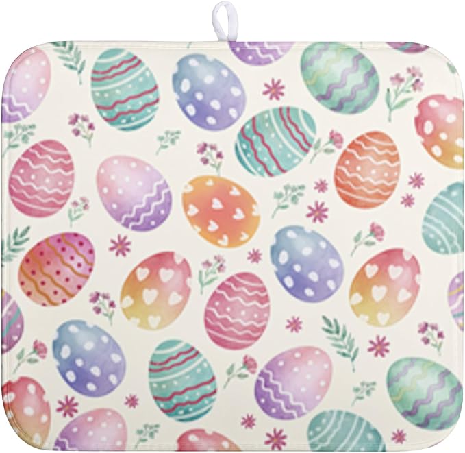 Easter Dish Drying Mat for Kitchen Counter Easter Spring Colorful Eggs Floral Drying Mats Absorbent Reversible Microfiber Washable Draining Pad Washable Dry Mat 16x18 Inch