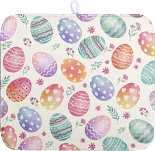 Easter Dish Drying Mat for Kitchen Counter Easter Spring Colorful Eggs Floral Drying Mats Absorbent Reversible Microfiber Washable Draining Pad Washable Dry Mat 16x18 Inch