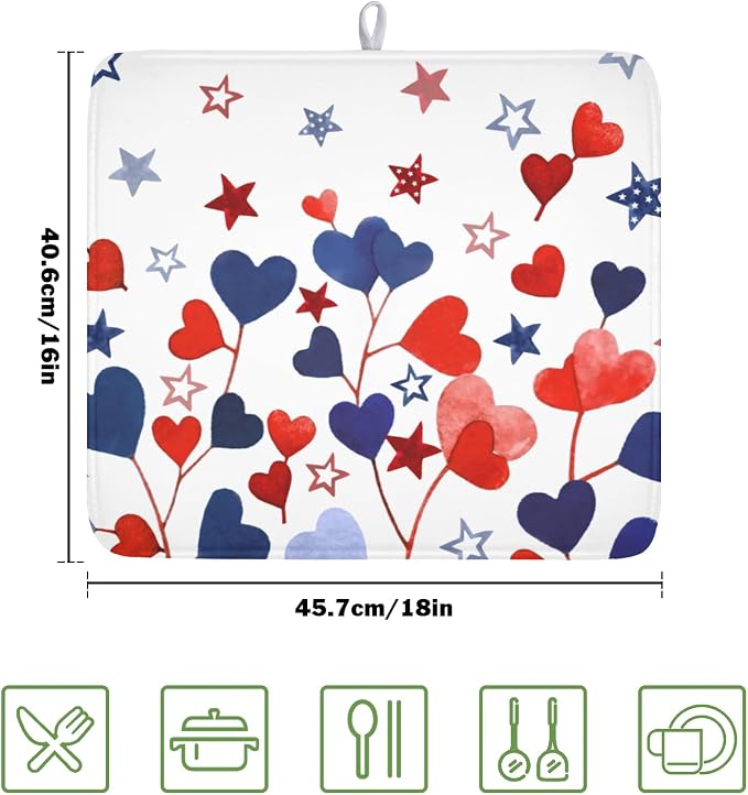 4th of July Dish Drying Mat for Kitchen Counter Patriotic Red Blue Star Love Heart Pattern Microfiber Dish Drainer Mat Independece Day Absorbent Washable Drying Pad 16"x18"