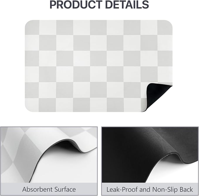 Dish Drying Mat for Kitchen Counter,12"x 19" Super Absorbent Kitchen Dish Drying Pad, Coffee Bar Mat with Rubber Backed, Coffee Bar Accessories for Countertop Dishes Utensils,Grey Checkered