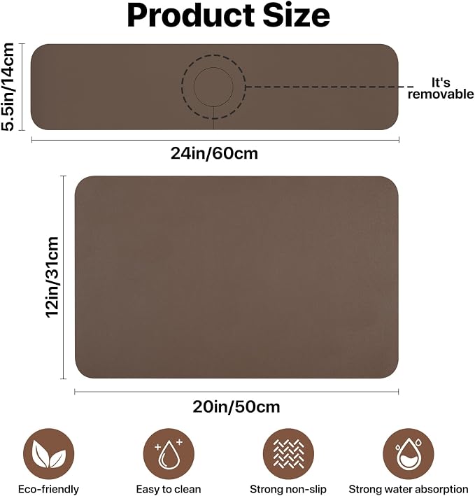 2PCS 12" x 19" Dish Drying Mat & 24" x 5.5" Faucet Mat for Kitchen Sink, Super Absorbent Kitchen Counter Mats & Sink Splash Guard, Easy to Clean Dish Rack Pad for Dishes Countertop, Brown