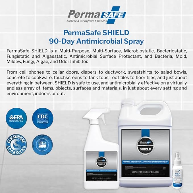 PermaSafe SHIELD 90-Day Antimicrobial Surface Protectant Spray | Long-Lasting, Multi-Surface Protection Against Growth & Spread of Bacteria, Mold, Mildew, Fungi & Algae | Indoor & Outdoor Use - 32 Oz