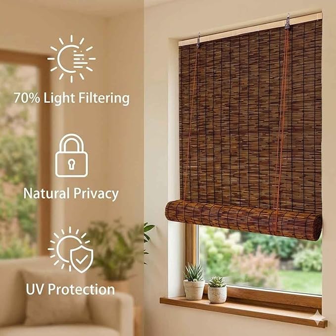 Bamboo Shades for Outdoor Patio, Natural Reed Roller Blinds for Indoor Windows, Retro Cordless Shades 20 22 27 30 36 48 72in Outside Privacy Bamboo Roll Up Shades(Natural White,56" W x 72" H)