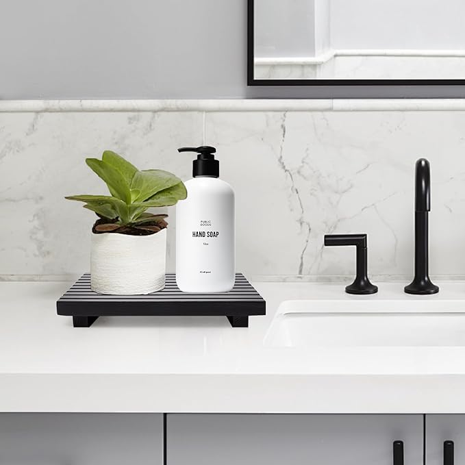 Bathroom Counter Trays Organizer Wooden Display Pedestal Kitchen Soap Dish | Countertop Trays Black Farmhouse Wood Riser Soap Dispenser Holder for Bathroom Decor Kitchen Sink Accessories Vanity Tray