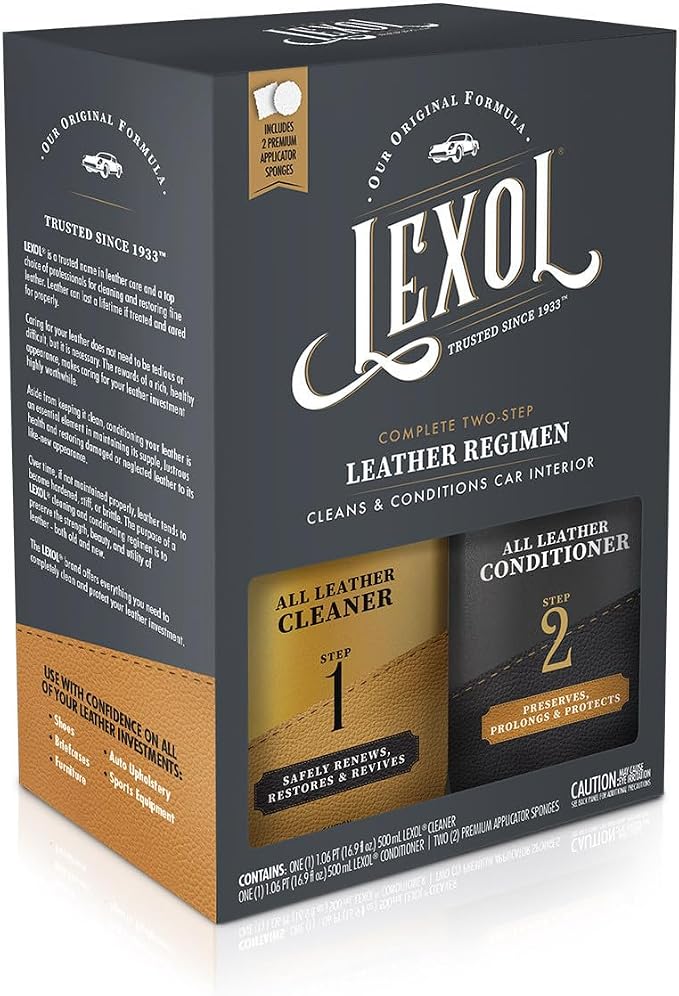 Leather Cleaner & Conditioner Kit by Lexol for Furniture, Car Interior, Shoes, Handbags, Includes 2 Application Sponges, Two-Step System, 16 Oz Each