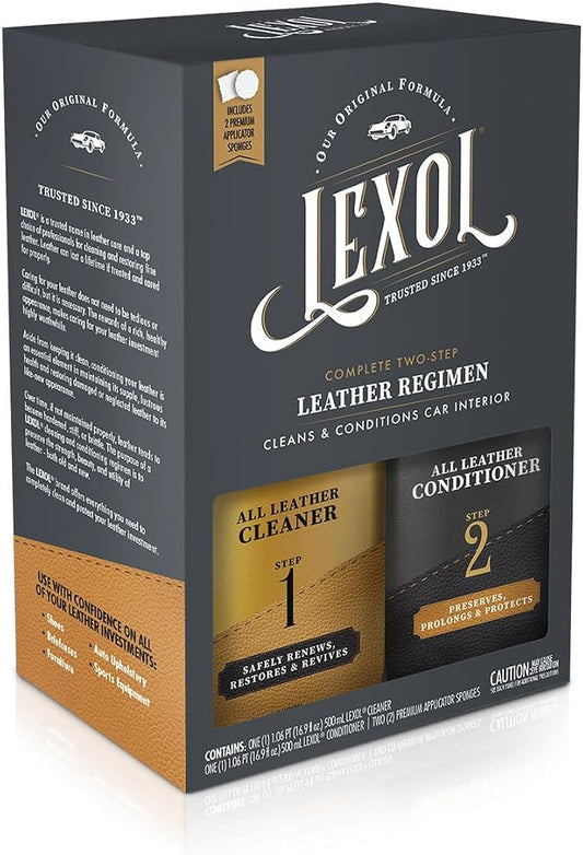 Leather Cleaner & Conditioner Kit by Lexol for Furniture, Car Interior, Shoes, Handbags, Includes 2 Application Sponges, Two-Step System, 16 Oz Each