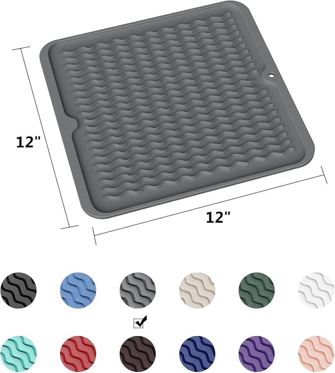 ZLR 4-in-1 Silicone Mat 12" x 12" / 305 x 306mm Square - Dish Drying Mat, Air Fryer Mat, Coffee Maker Pad & Heat Resistant Trivet (up to 450°F) - Non-Slip Food-Grade BPA-Free (Dark Gray)