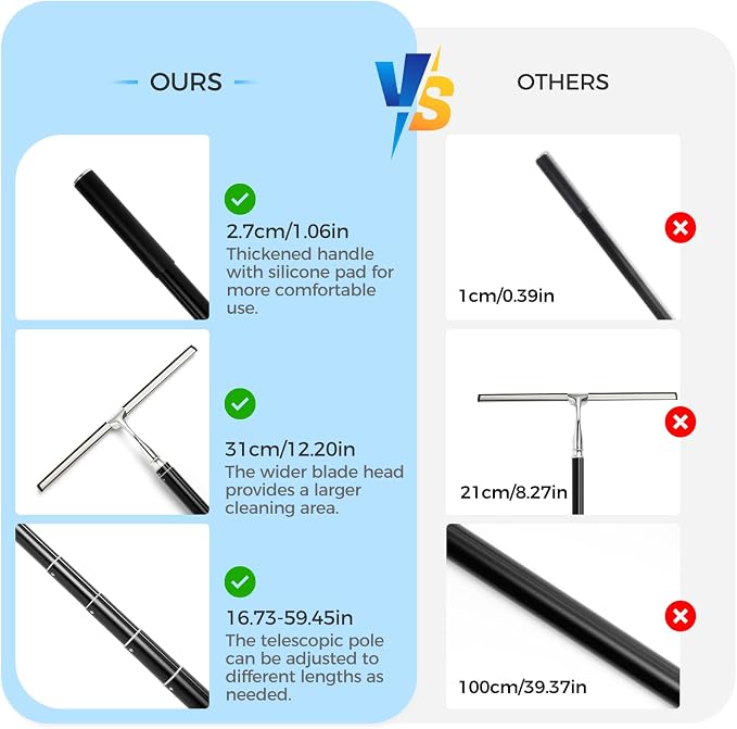 17“- 60" Extendable Long Handle 2-in-1 Window Squeegee Silver | 12.4" Wide Metal Shower Squeegee for Glass Doors, 2-in-1 Squeegee for Home Window Cleaning, Tile Wall, Car
