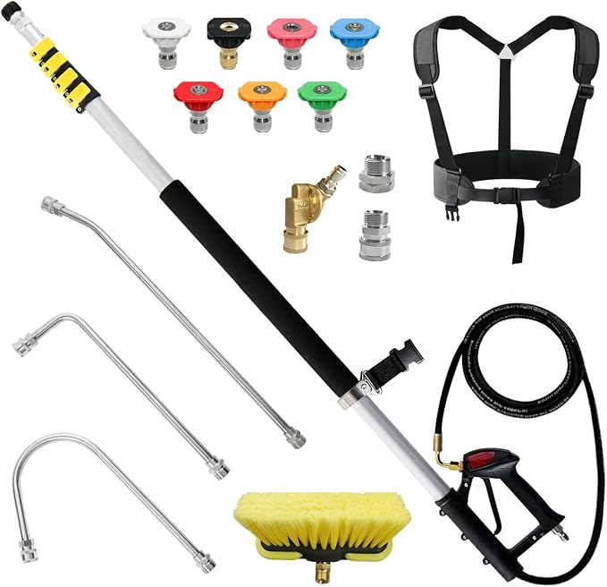 JANZ 24 FT Pressure Washer Telescoping Wand with 3 Extension Wands | Gutter Cleaner Attachment, 7 Spray Nozzle Tips, 2 Hose Inlet Adapters, Pivoting Coupler and Support Harness