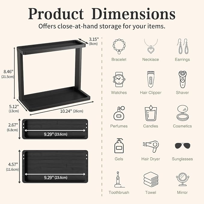 PEKER Bamboo Bathroom Organizer Countertop – Small Vanity Storage Shelf for Makeup, Perfume, Skincare – Natural Cosmetics Display Rack for Dresser, Sink, Kitchen –Black