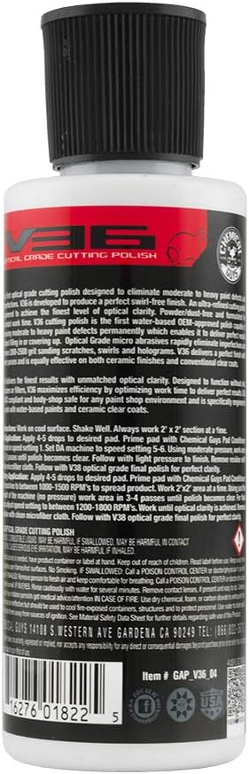 Chemical Guys, V36 Optical Grade Cutting Polish for Defects, White, 4 oz | Optical-grade cutting polish levels swirls, scratches and defects, then refines toward a deep, glossy finish
