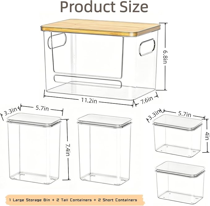 5-in-1 Under Sink Organizer with Trash Bag Dispenser & Acrylic Containers, Clear Laundry Pod & Dishwasher Pod Storage, Bamboo Lid Kitchen Pantry Organization