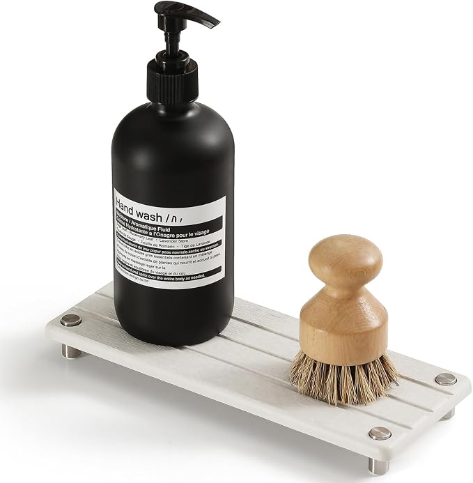 Razborci Quick Dry Bathroom Tray & Kitchen Sink Organizer, Water Absorbing Countertop Sponge Holder Soap Dish, Diatomaceous Earth Stone Vanity Dispenser Toothbrush Bottle, Gray Beige, 10" x 4"
