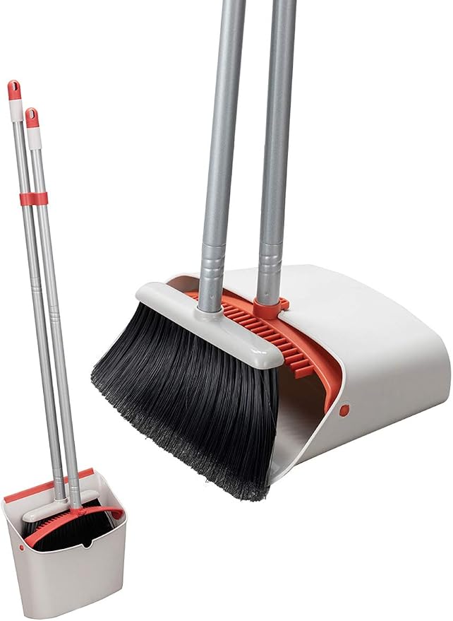 Long Handled Dustpan and Brush, Broom and Dustpan Set, Household Dust pan Combo with 54 Inch Handle for Indoor Outdoor Household Cleaning and Sweeping (Red and White)