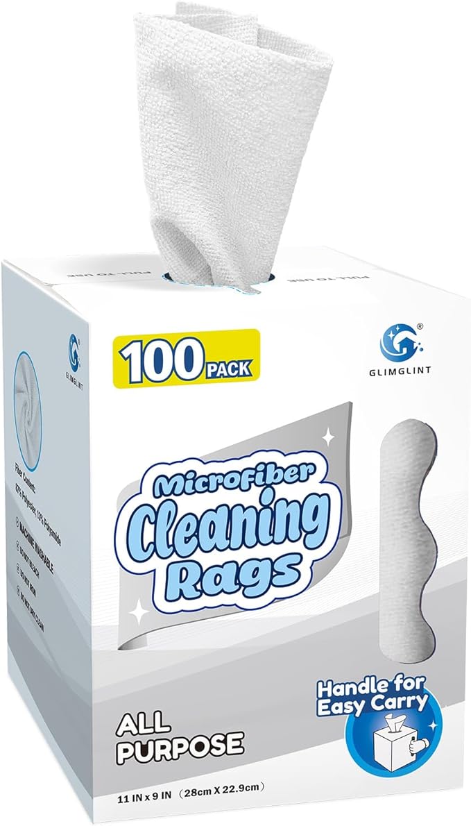 GLIMGLINT White Microfiber Cleaning Cloth, 100 Pack Cleaning Rags, Lint-Free, Ultra Absorbent Reusable Paper Towels for Home, Kitchen, Car, Garage or Shop, Dish Rags, 11" x 9"