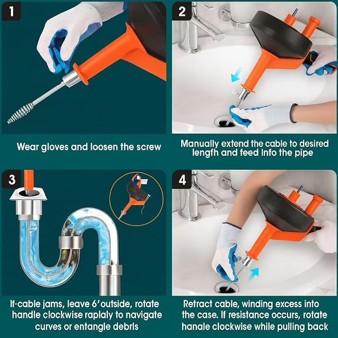 42 FT Drain Snake Hair Drain Clog Remover, Manual Or Powered, Plumbing Snake With Drill Adapte,Unclog Sink Drain Tool, Drain Auger for Toilet、Shower、Kitchen、Sink, No Auto Retract Or Feed, Orange