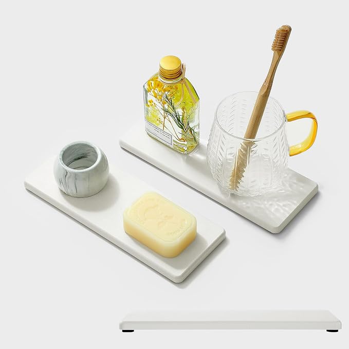 2PCS White Water Absorbing Diatomite Stone Drying Soap Dish Sink Vanity Tray for Bathroom/Kitchen Counter, Sponge Holder Mat Dispenser Rack Faucet Splash Guard Caddy Organizer, 9"x3.5"