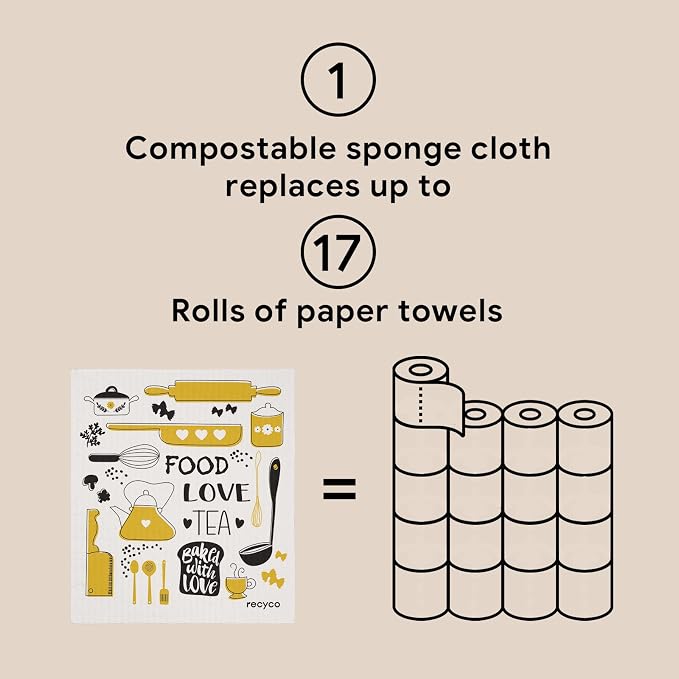 RECYCO Swedish Dishcloths for Kitchen | 6 Pack Kitchens Love Washable Dish Rags | Cellulose Reusable Cleaning Paper Towels | Absorbent Counter Dish Cloth Sponge Kitchen Wipes, 8" L x 7" W