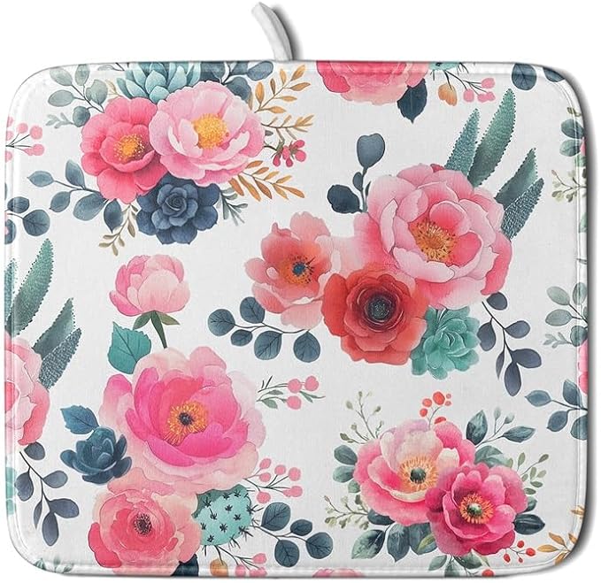 Watercolor Flowers Dish Drying Mats for Kitchen Counter Spring Summer Floral Dish Drying Pad 16”x18”Microfiber Ultra Absorbent Dish Rack Mat Seasonal Dishes Pad Dish Drainer Mats for Countertop Decor