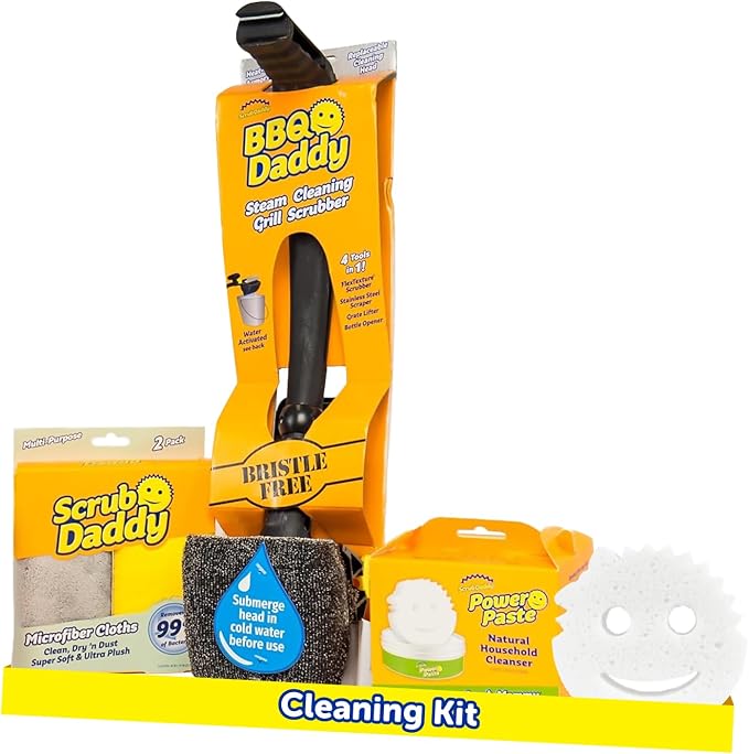 Scrub Daddy Household Cleaning + BBQ Bundle - BBQ Daddy Bristle Free Grill Brush - 2 Microfiber Cleaning Towels - All Purpose Cleaner PowerPaste Cleaning Paste + Scrub Mommy Sponge