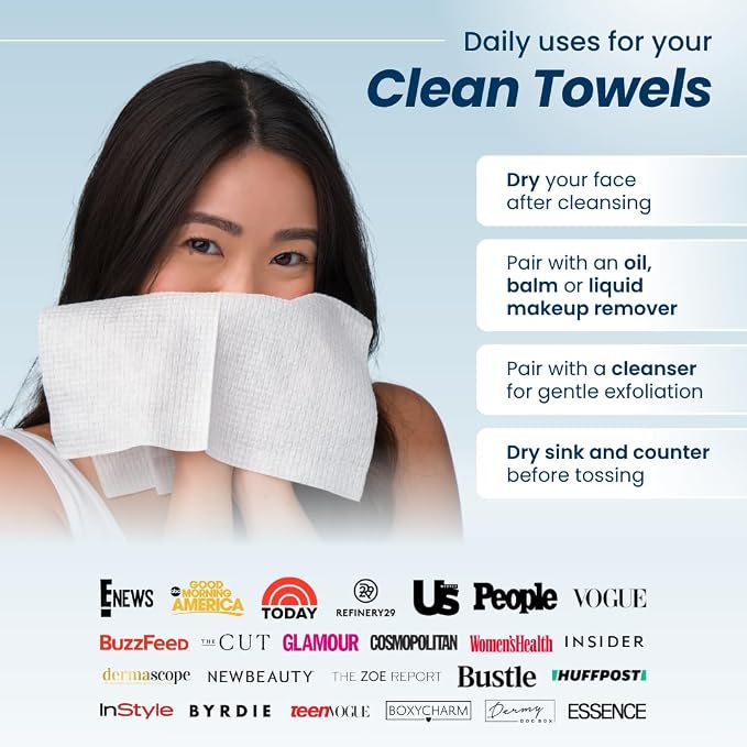 Clean Skin Club Clean Towels®, 100% USDA Biobased Face Towel, Disposable Face Towelette, Eczema Association Accepted, Makeup Remover Dry Wipes, Ultra Soft, 25 ct per pack, 2 Packs, 50 Ct Total