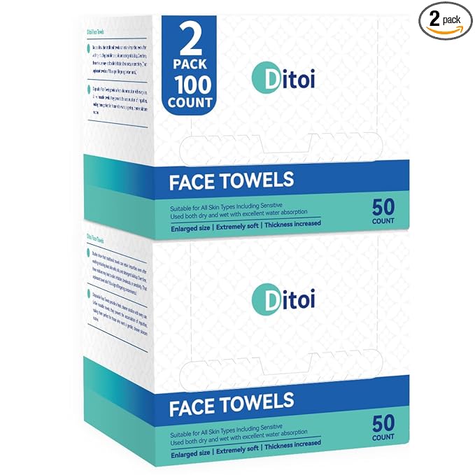 Ditoi Disposable Face Towels XXL, Soft Deep-Cleansing Face cloths,100 Count | Plant-Based Thick Facial Towels for Sensitive Skin,Disposable Washcloths for Skincare,Travel Essentials