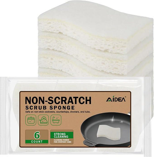 AIDEA Non-Scratch Scrub Sponge-6Count, Sponges Kitchen, Sponges for Dishes | Cleaning Sponge for Non-Stick Cookware, Cleaning Power for Kitchen, Bathroom, Household