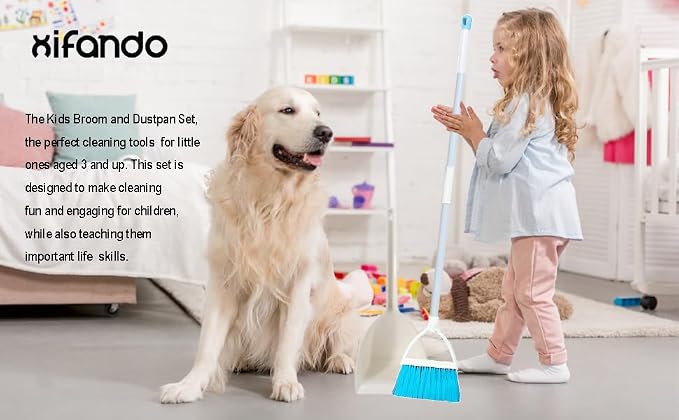 Mini Broom with Dustpan for Kids,Little Housekeeping Helper Set (White+Sky Blue)